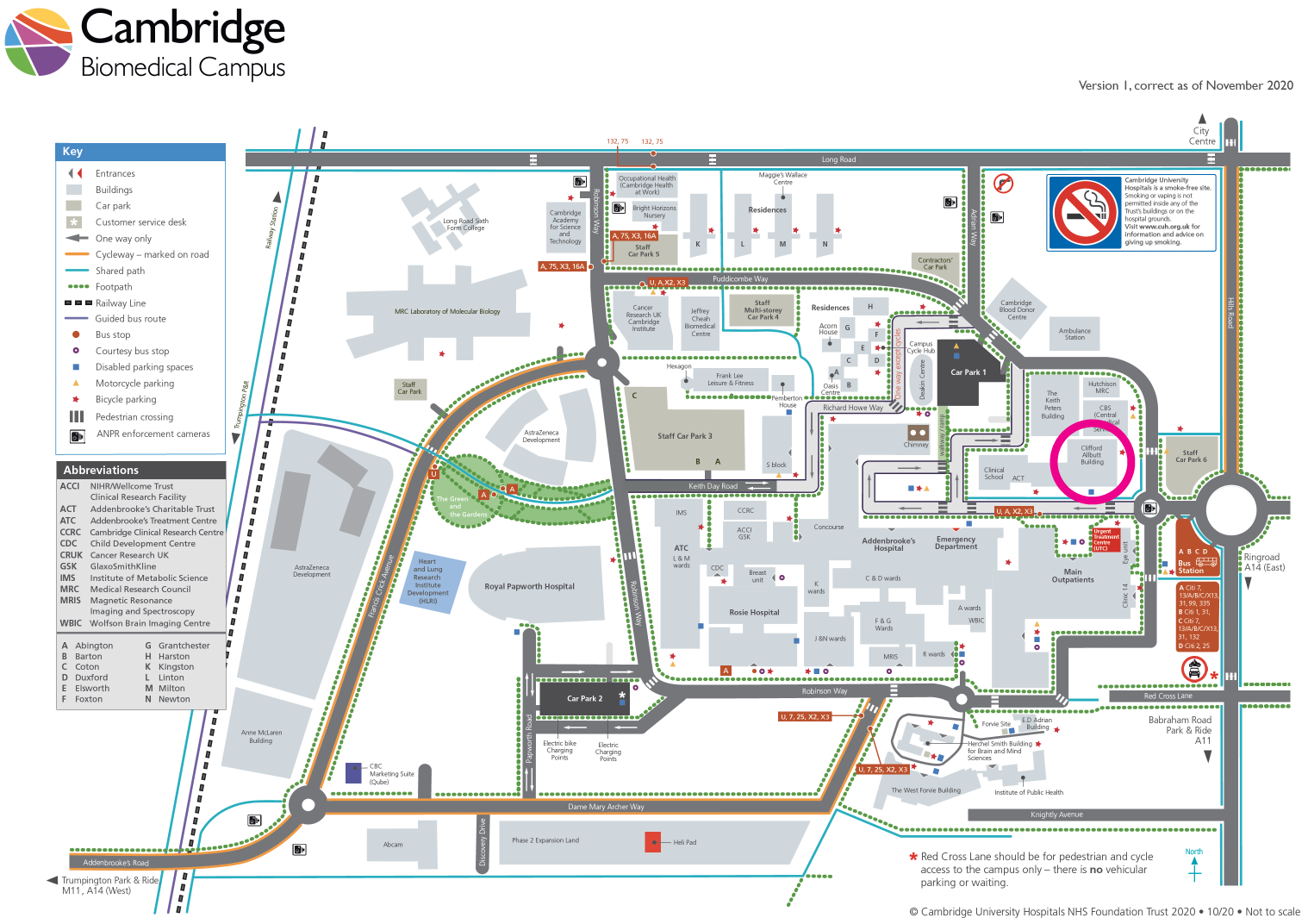 Map of the Cambridge Biomedical Campus with the Clifford Allbutt Building highlighted by a pink circle.