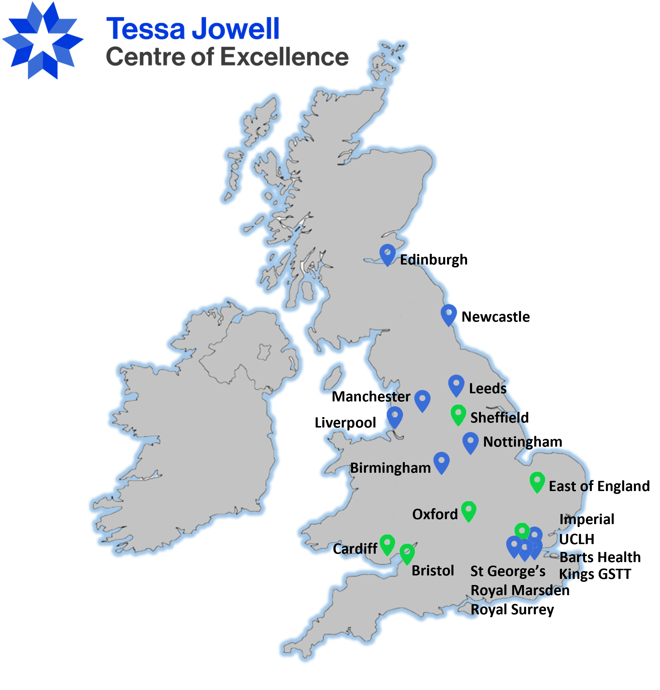 Tessa Jowell Centres of Excellence (new centres in green; previously designated centres in blue)