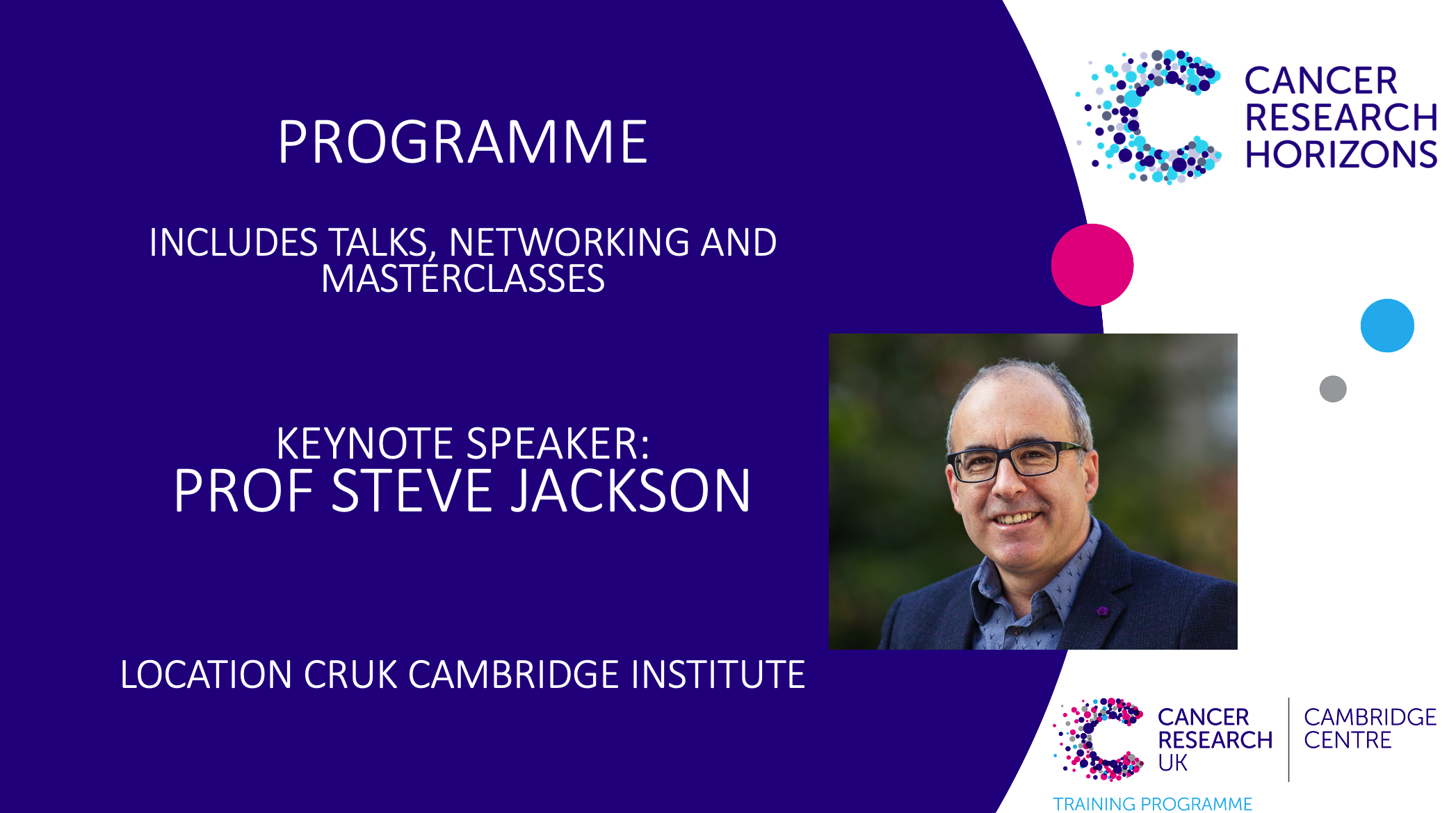 Key note speaker Steve Jackson and location CRUK Cambridge Institute