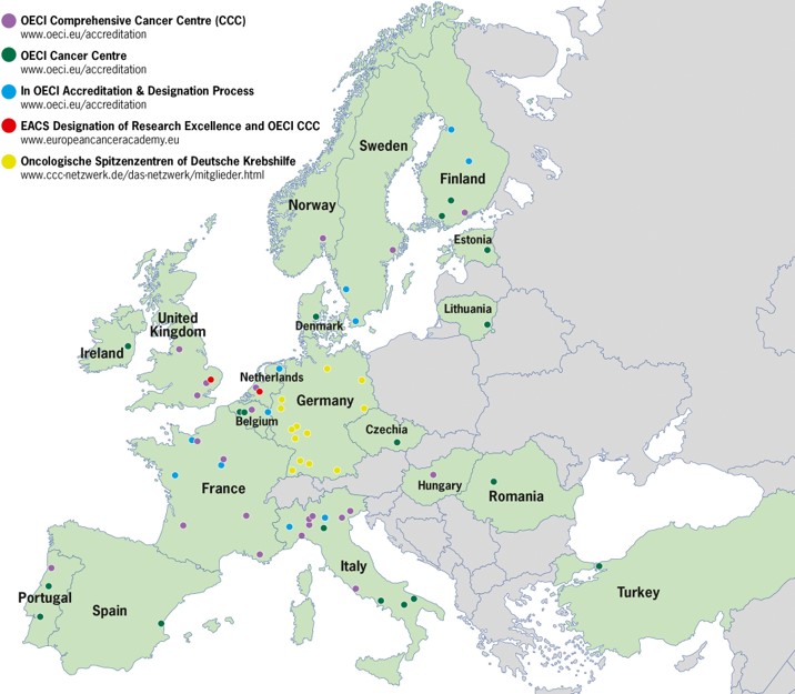 Overview of accredited Comprehensive Cancer Centres and Cancer Centres across Europe.