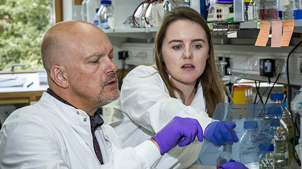 Babraham Institute group leader Dr Simon Cook and PhD student Emma Minihane discuss research results in the lab. Image credit: the Babraham Institute.